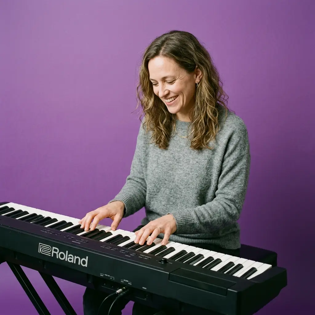 Uśmiechnięta dorosła kobieta grająca na keyboardzie podczas lekcji muzyki