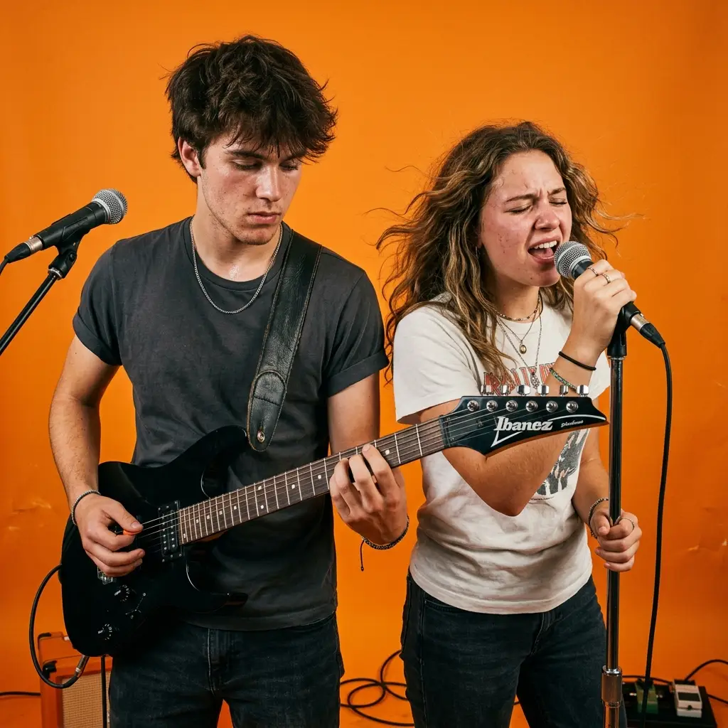 Młodzieżowy duet muzyczny — chłopak grający na gitarze elektrycznej i dziewczyna śpiewająca do mikrofonu